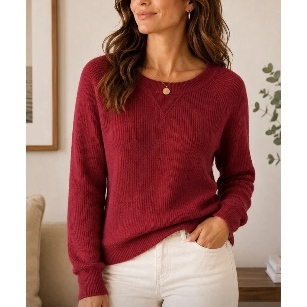 J Crew Waffle Crewneck Sweater Supersoft Yarn Wool Alpaca Red Long Sleeve Shirt